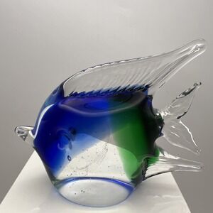 Vintage Murano Style Art Glass Angelfish Figurine Paperweight Blue Green Stripe